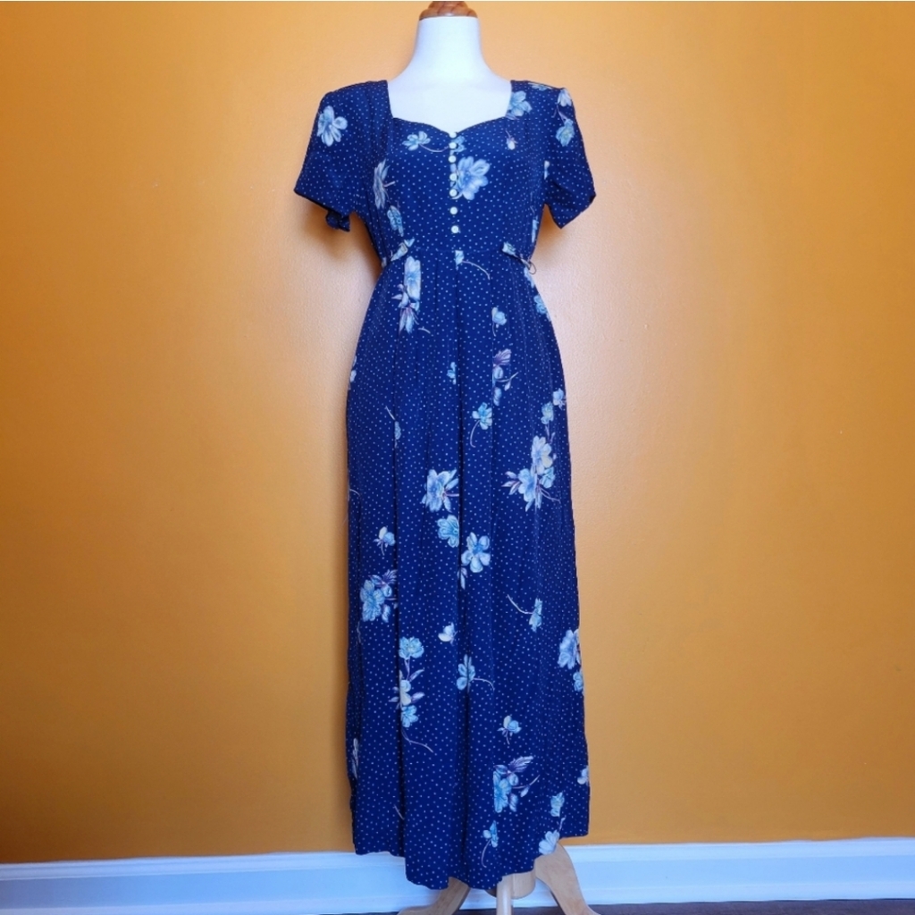 Vintage 80s/90s Jonathan Martin Blue Polka Dot Floral Maxi Dress Button Down